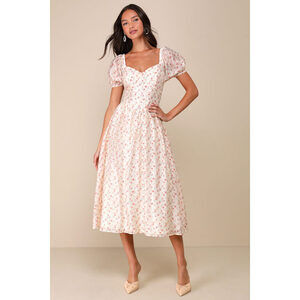 Lulus Effortless Ideal Ivory Floral Puff Sleeve Lace-up Midi Dress White